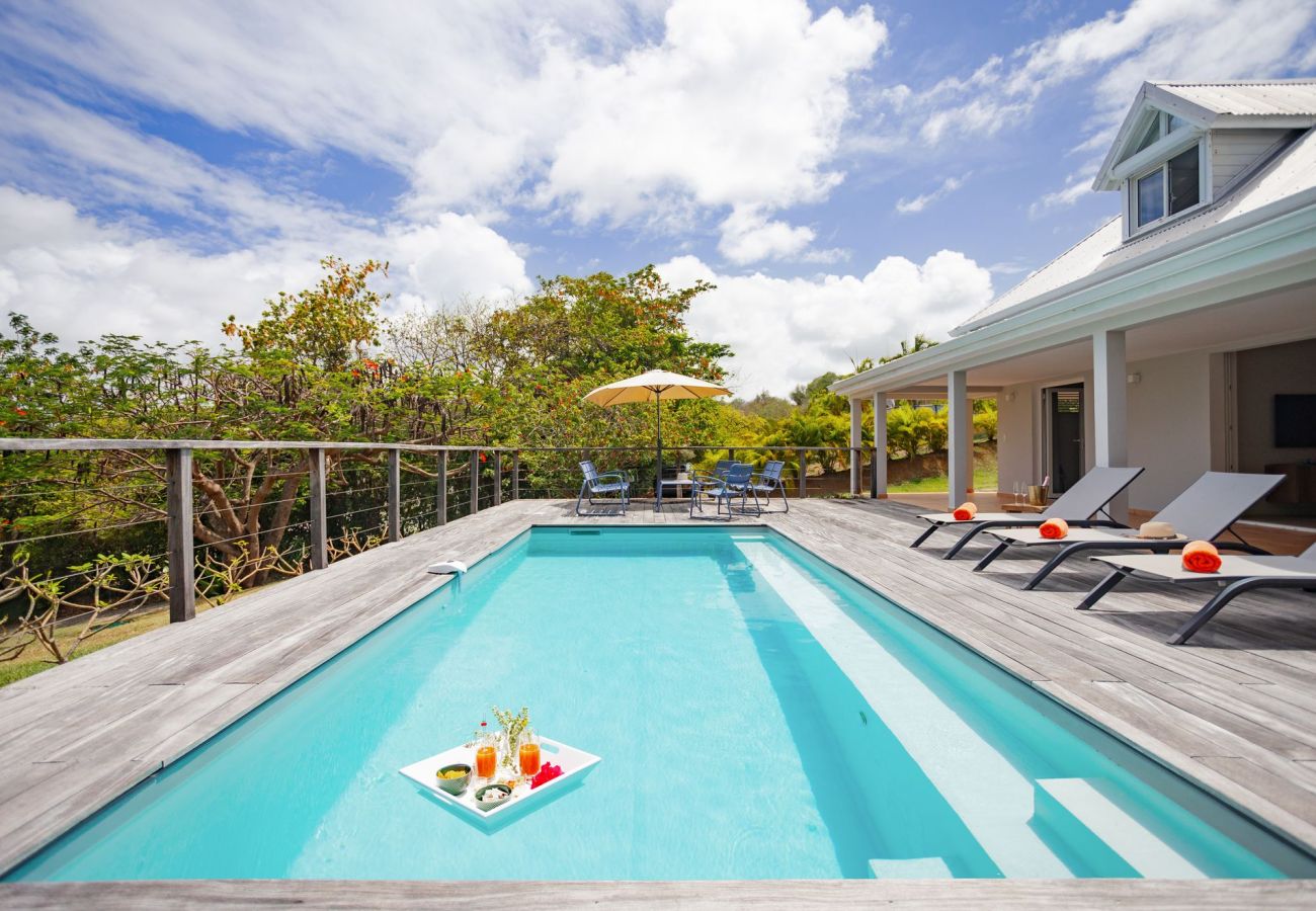Private pool at Villa Garden Bay with terrace and tropical garden in Cap Est, Le François, Martinique.