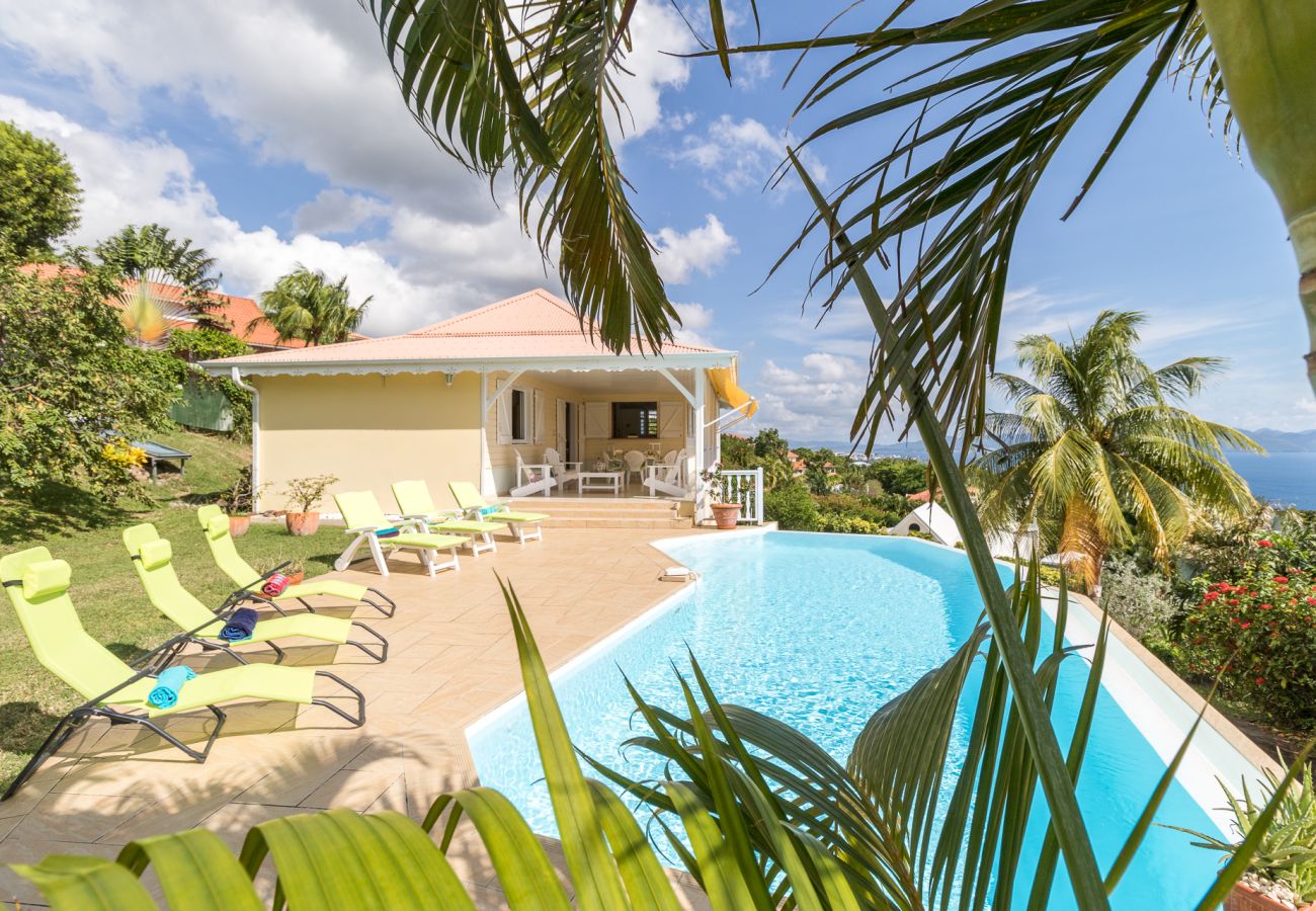 Belle villa créole dans un jardin tropicale avec piscine et vue mer.