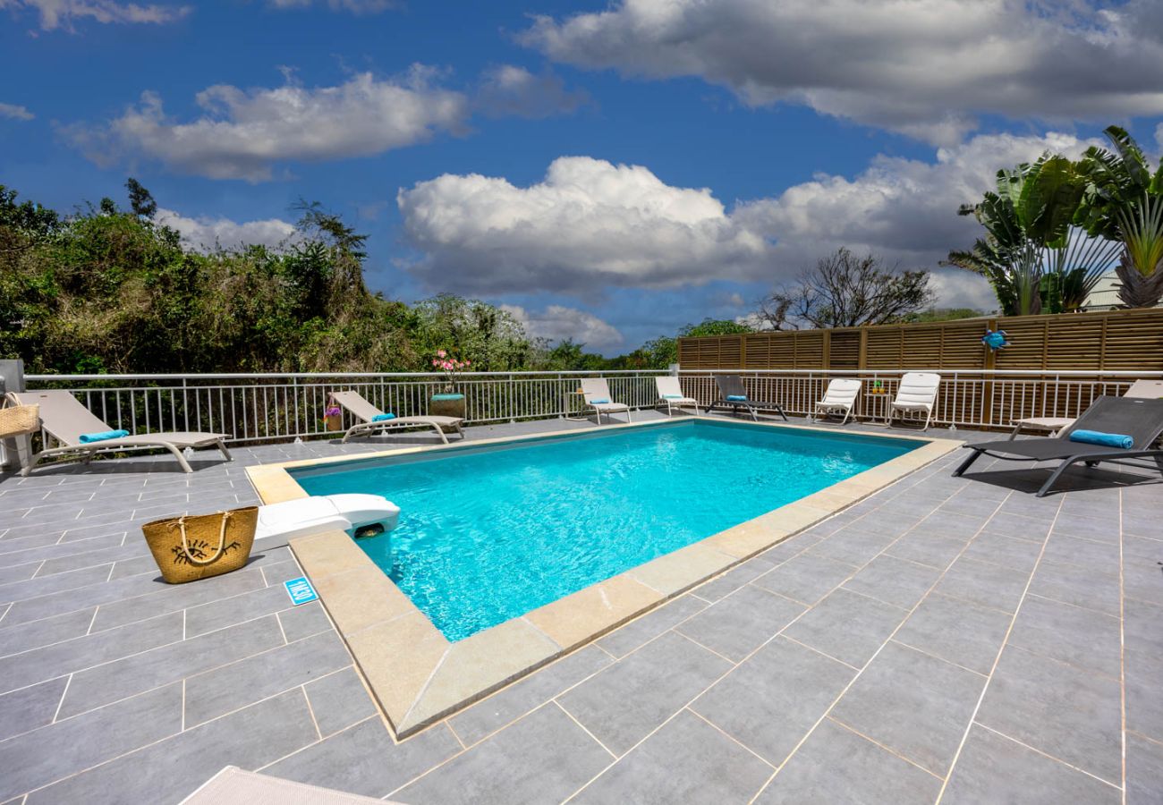 Piscine ensoleillée de la Villa Émeraude aux Trois-Îlets, terrasse e avec transats et vue sur la végétation.